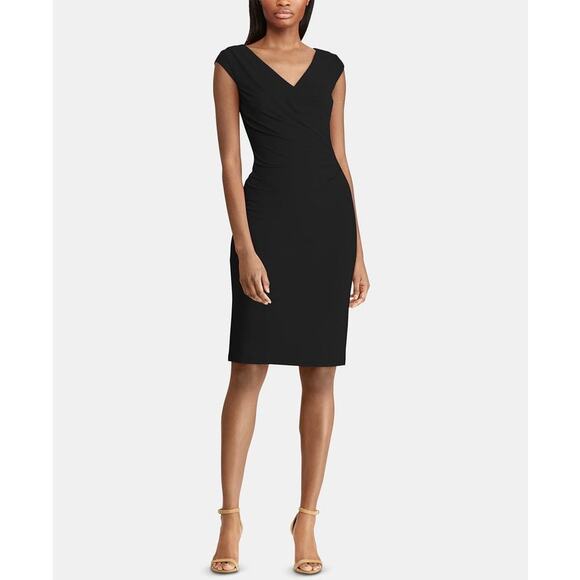 Lauren Ralph Lauren Dress Black Surplice Bodycon Cap Sleeve Polyester Blend Sz 8 - Picture 1 of 6